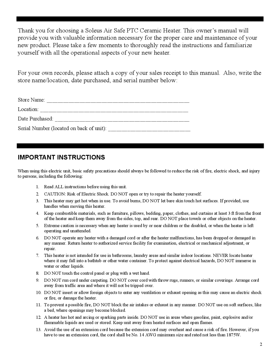 Soleus Air HC4-15-32 manual Important Instructions 