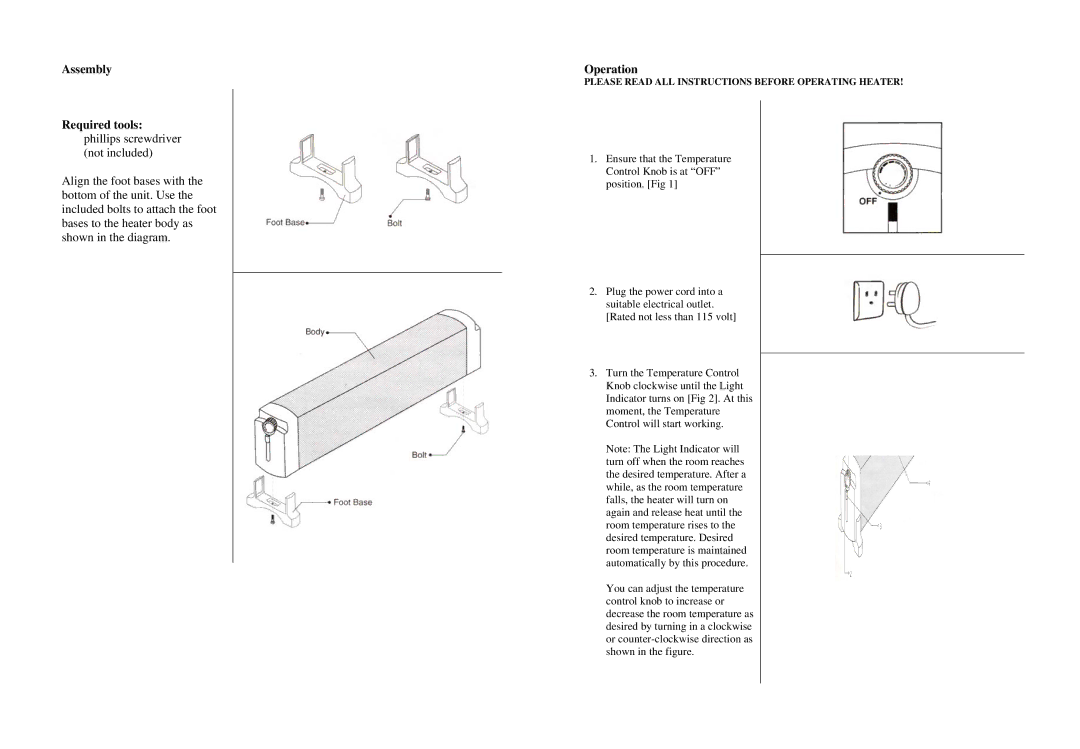 Soleus Air HGW-203 user manual Assembly Required tools phillips screwdriver not included, Operation 