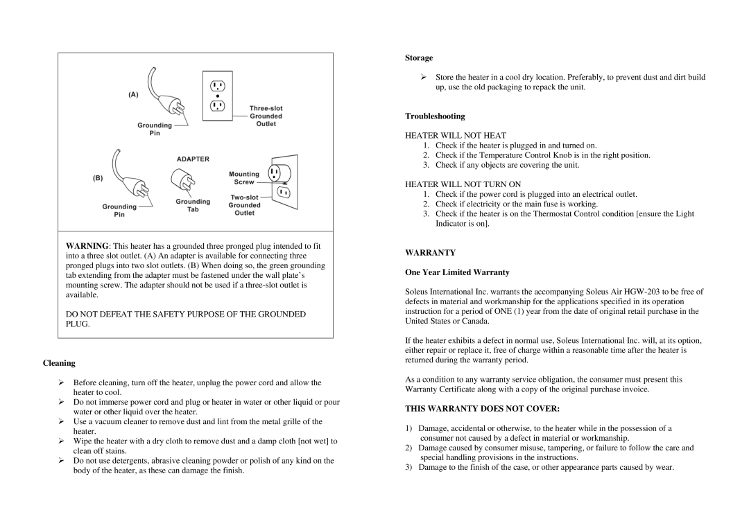 Soleus Air HGW-203 user manual This Warranty does not Cover 