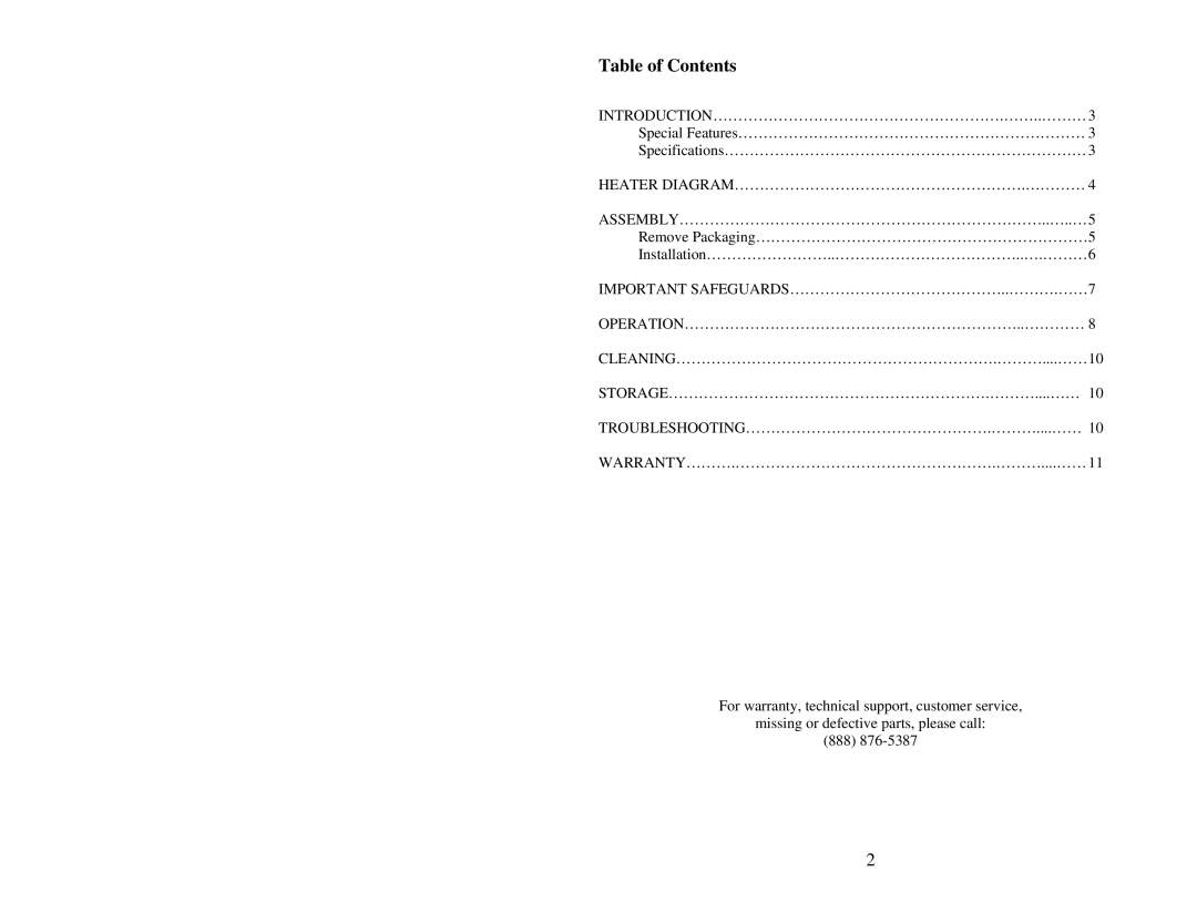 Soleus Air HGW-308 user manual Table of Contents 