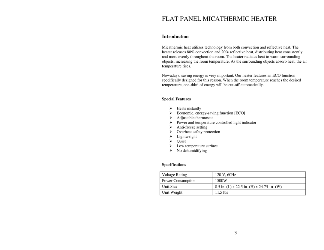 Soleus Air HGW-308 user manual Introduction, Special Features, Specifications 