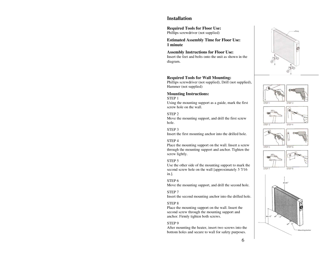 Soleus Air HGW-308 Installation, Required Tools for Floor Use, Required Tools for Wall Mounting, Mounting Instructions 