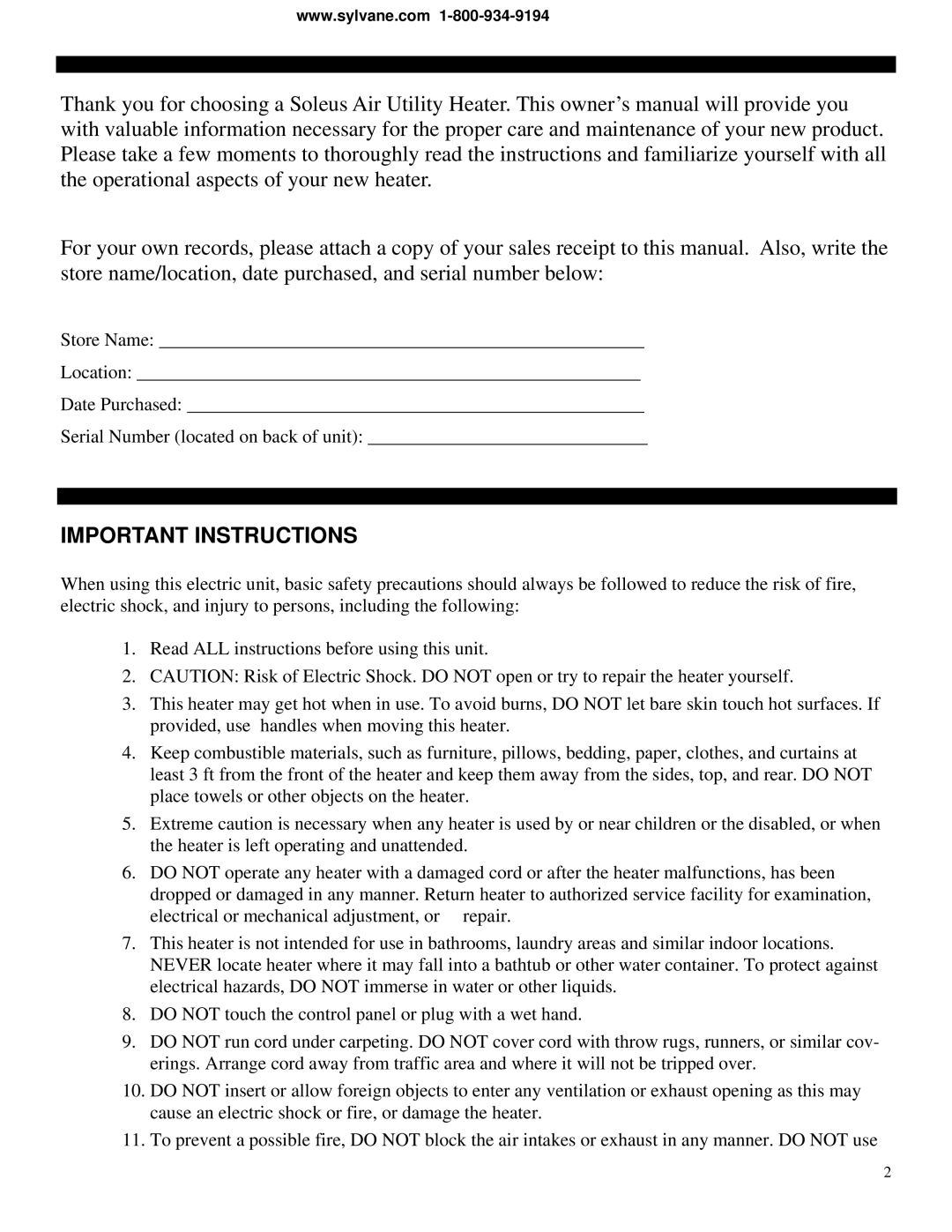 Soleus Air HI1-50-03 manual Important Instructions 