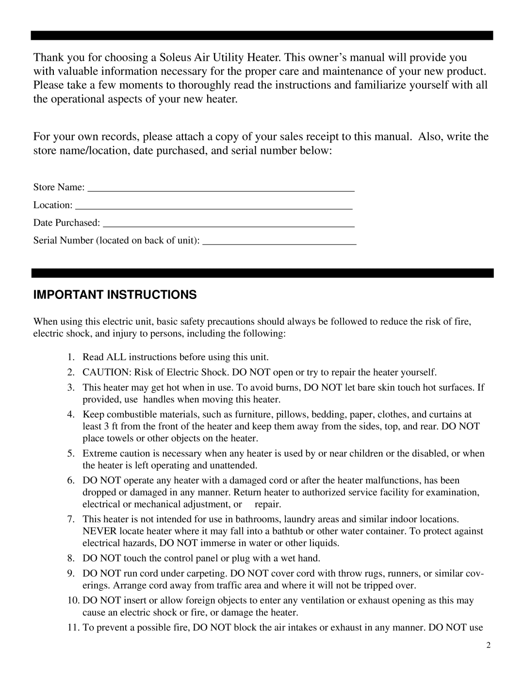 Soleus Air HI1-50-03 manual Important Instructions 