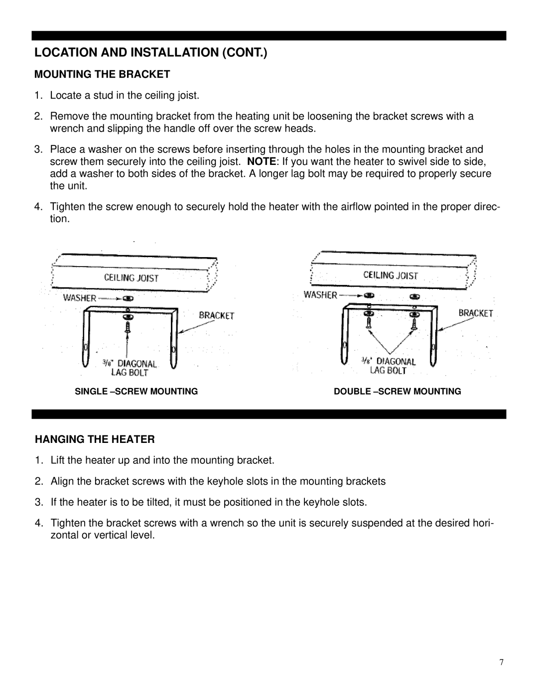 Soleus Air HI1-50-03 manual Location and Installation, Mounting the Bracket, Hanging the Heater 