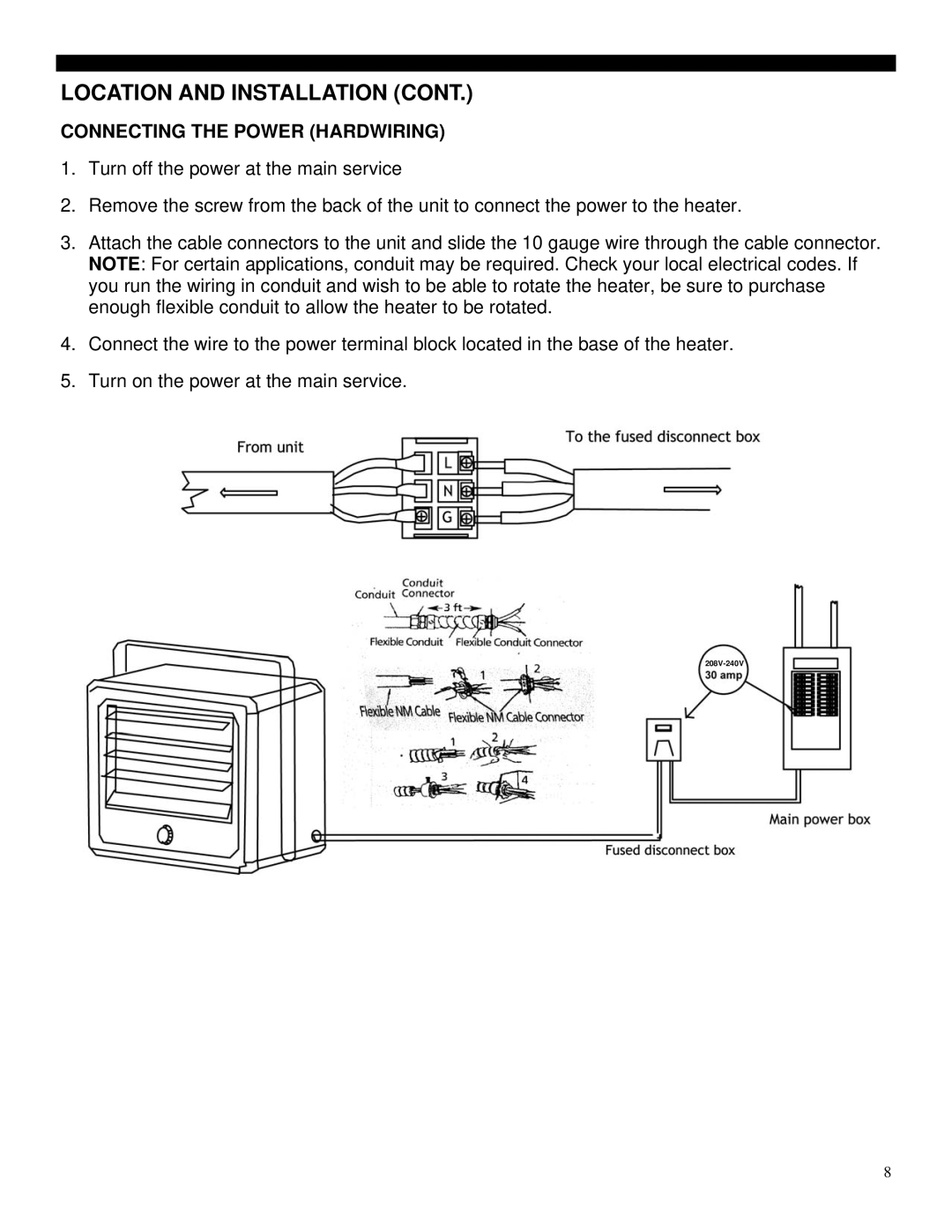 Soleus Air HI1-50-03 manual Connecting the Power Hardwiring 