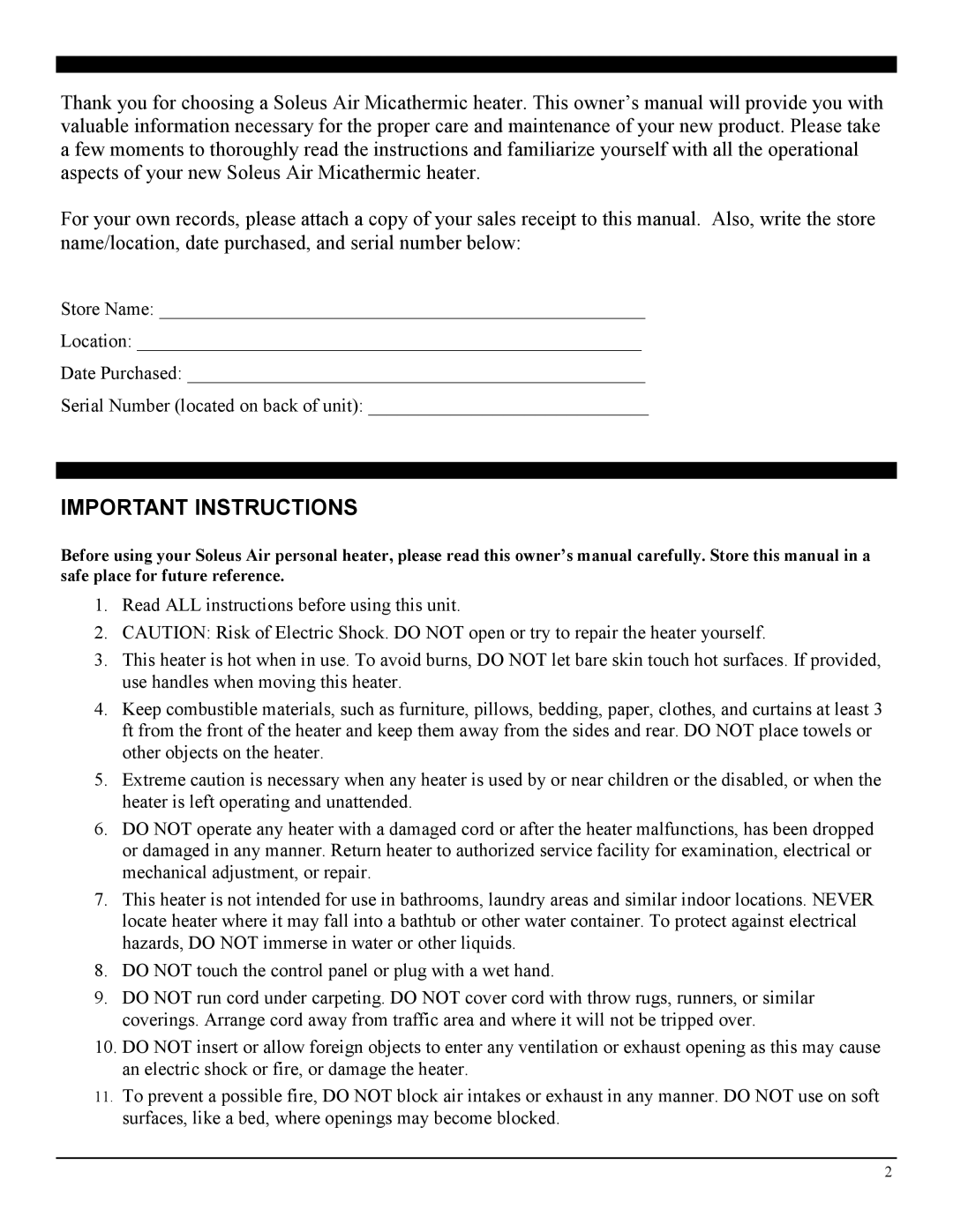 Soleus Air HM1-10-32, HM1-10-01 manual Important Instructions 