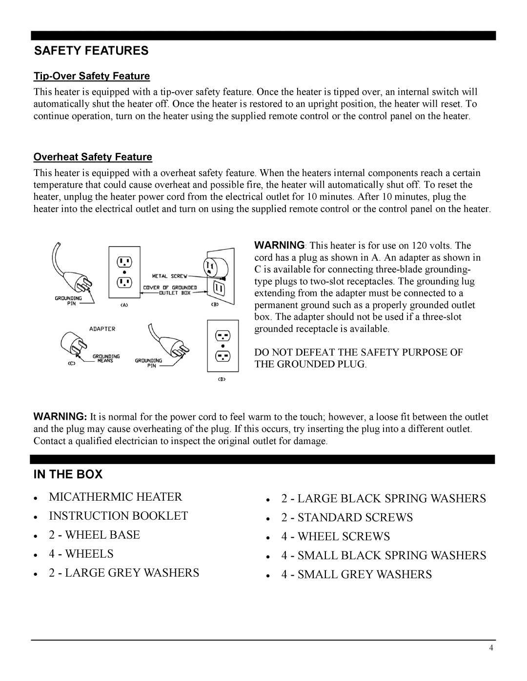 Soleus Air HM1-10-32, HM1-10-01 manual Safety Features, BOX Micathermic Heater, Large Grey Washers Small Grey Washers 