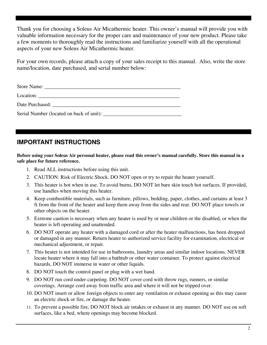 Soleus Air HM1-10-32 manual Important Instructions 