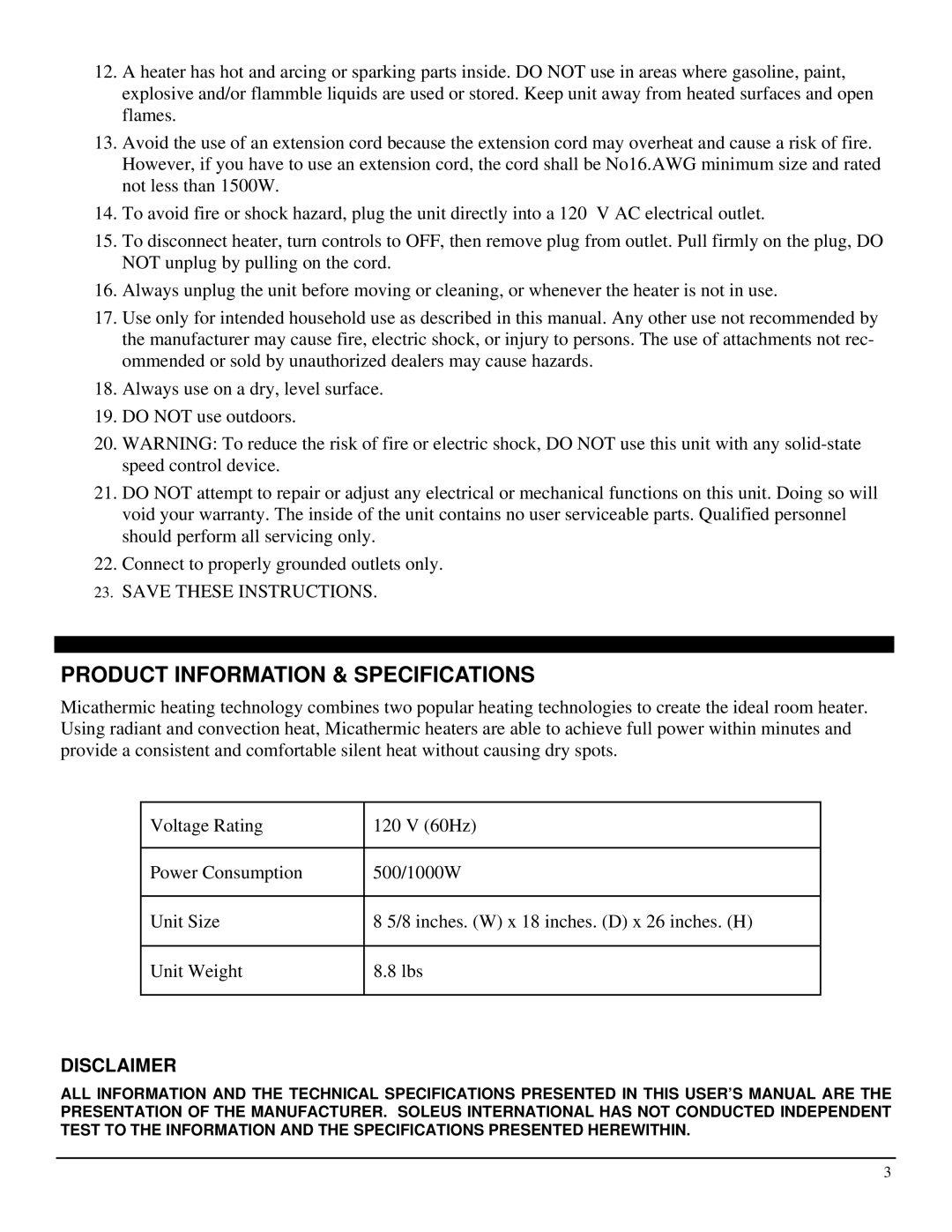 Soleus Air HM1-10-32 manual Product Information & Specifications, Disclaimer 