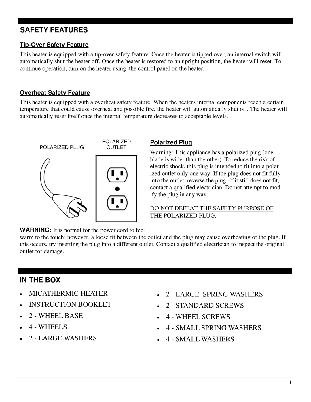 Soleus Air HM1-10-32 manual Safety Features, Box 