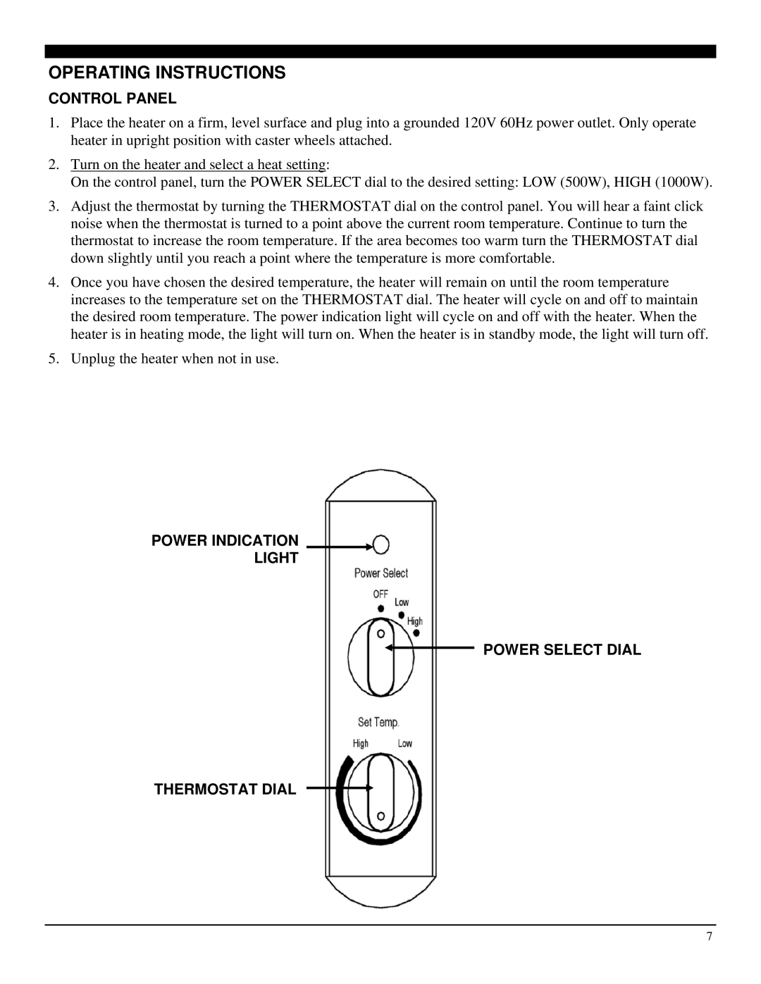 Soleus Air HM1-10-32 manual Operating Instructions, Control Panel, Power Indication Light Power Select Dial Thermostat Dial 