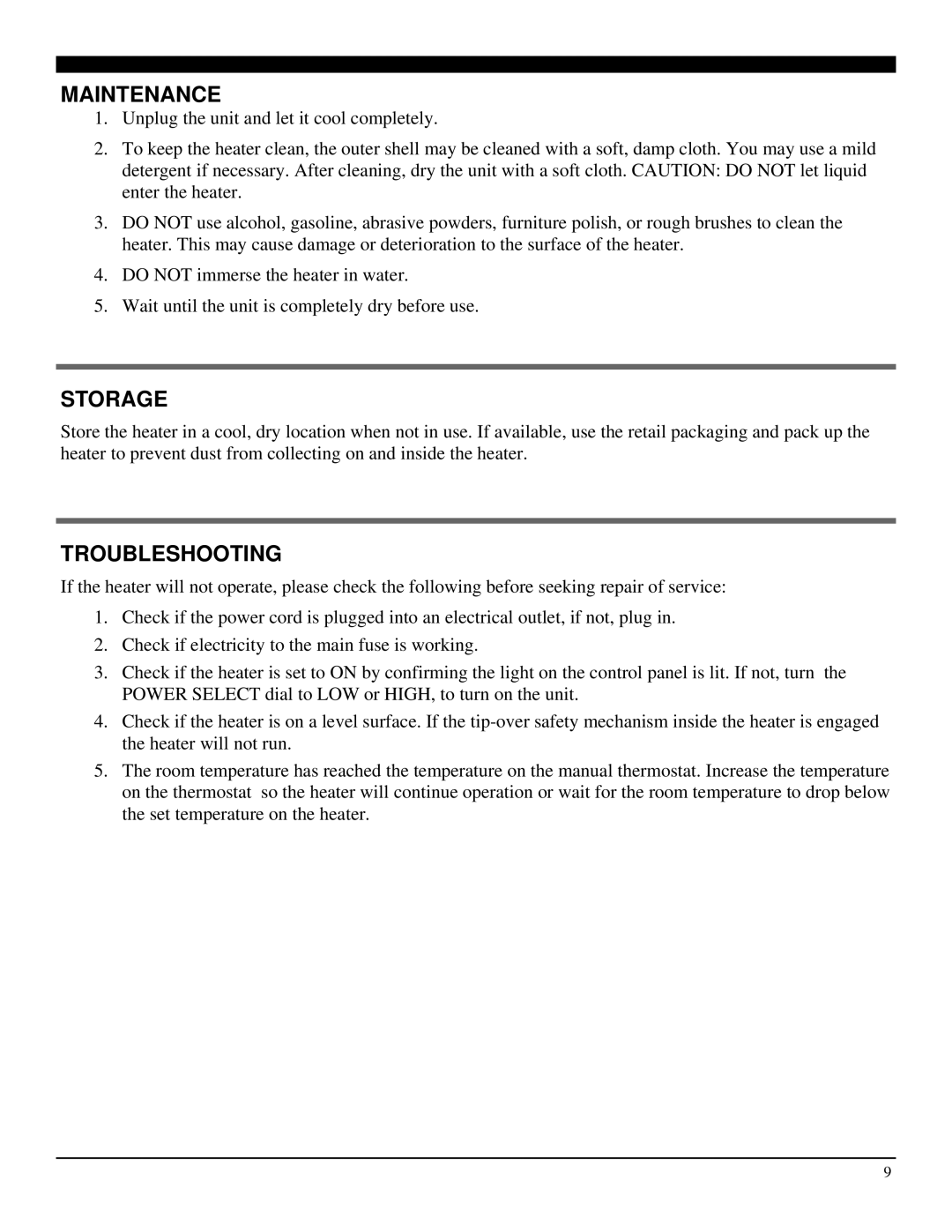 Soleus Air HM1-10-32 manual Maintenance, Storage, Troubleshooting 