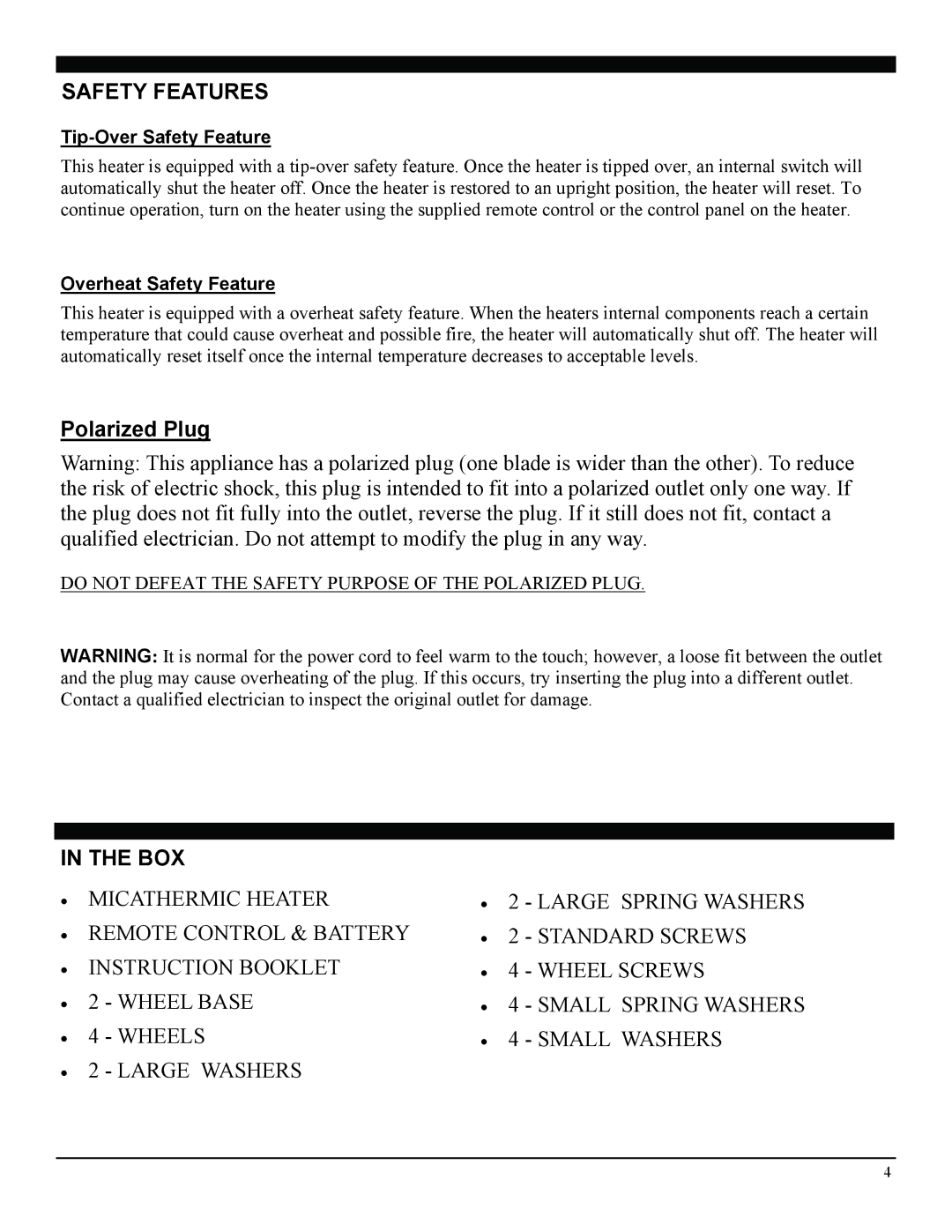 Soleus Air HM1-10R-32 manual Safety Features, Box 