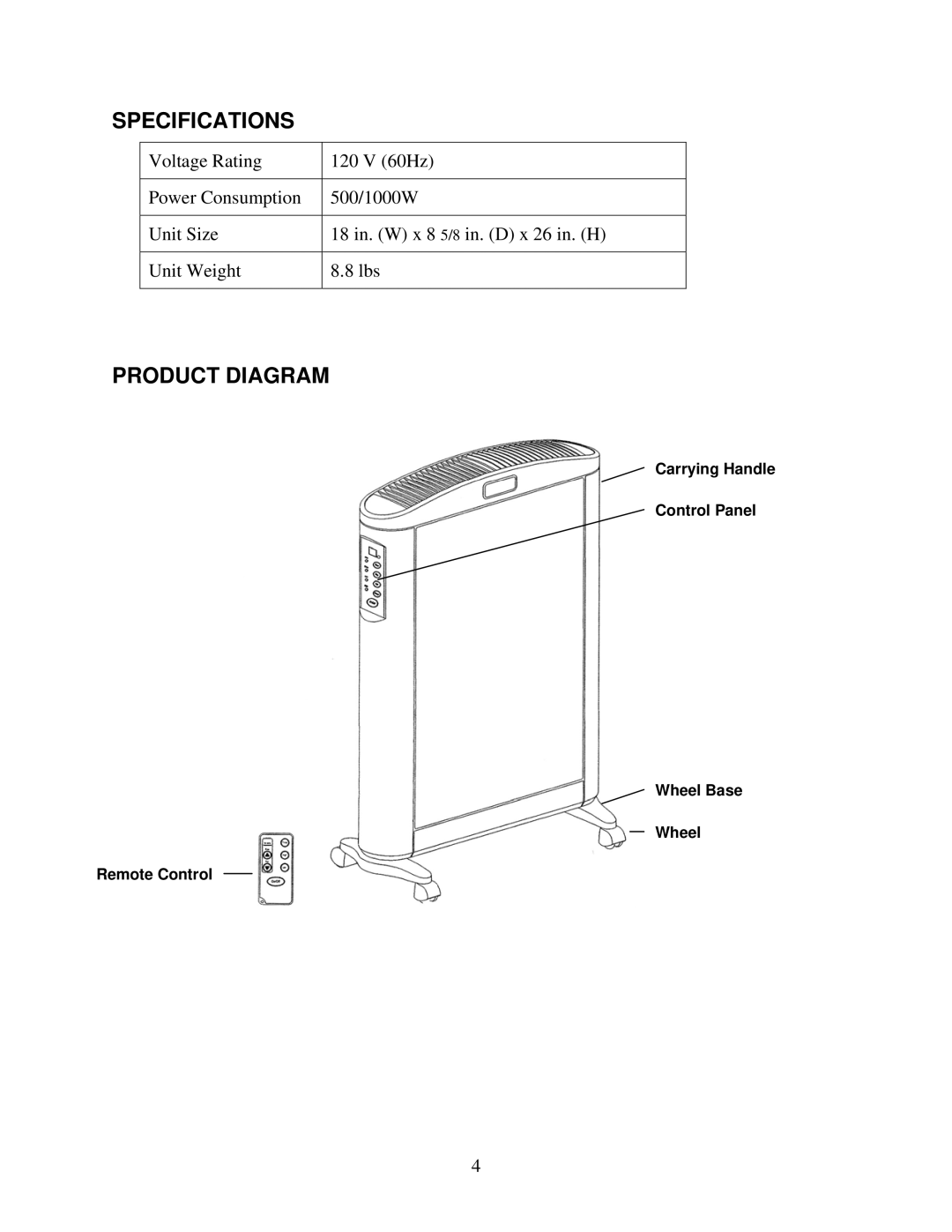 Soleus Air HM1-10R-32 owner manual Specifications, Product Diagram 