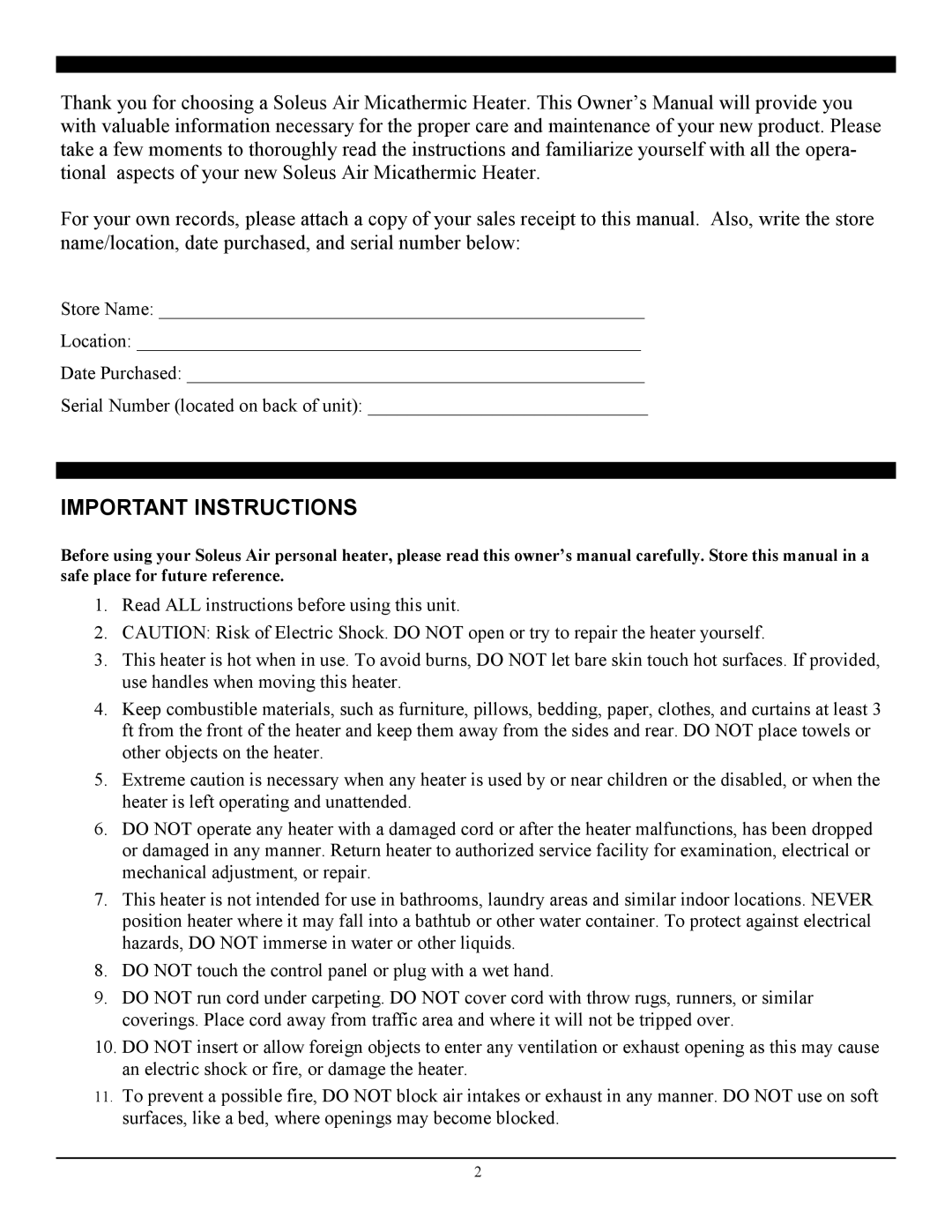 Soleus Air HM10-15-E-32 manual Important Instructions 