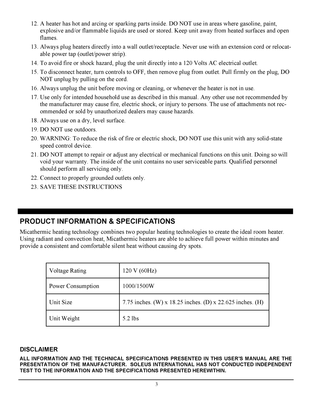 Soleus Air HM10-15-E-32 manual Product Information & Specifications, Disclaimer 