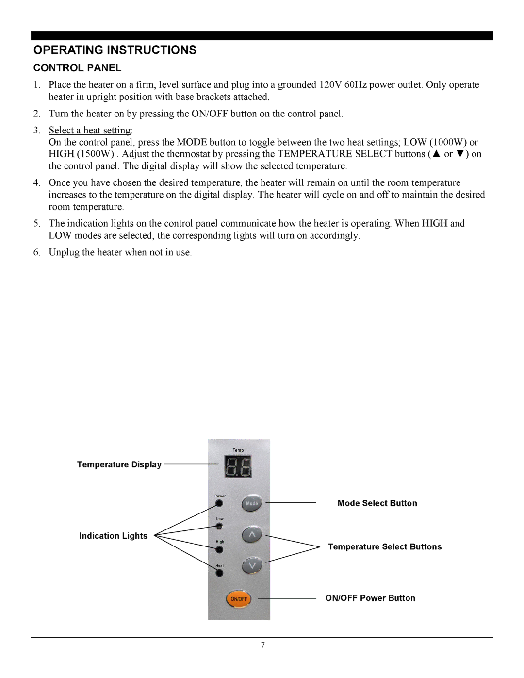 Soleus Air HM10-15-E-32 manual Operating Instructions, Control Panel 