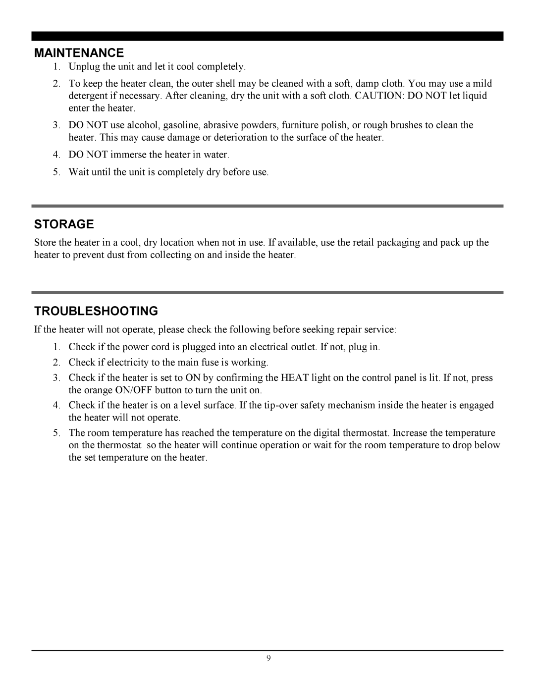 Soleus Air HM10-15-E-32 manual Maintenance, Storage, Troubleshooting 