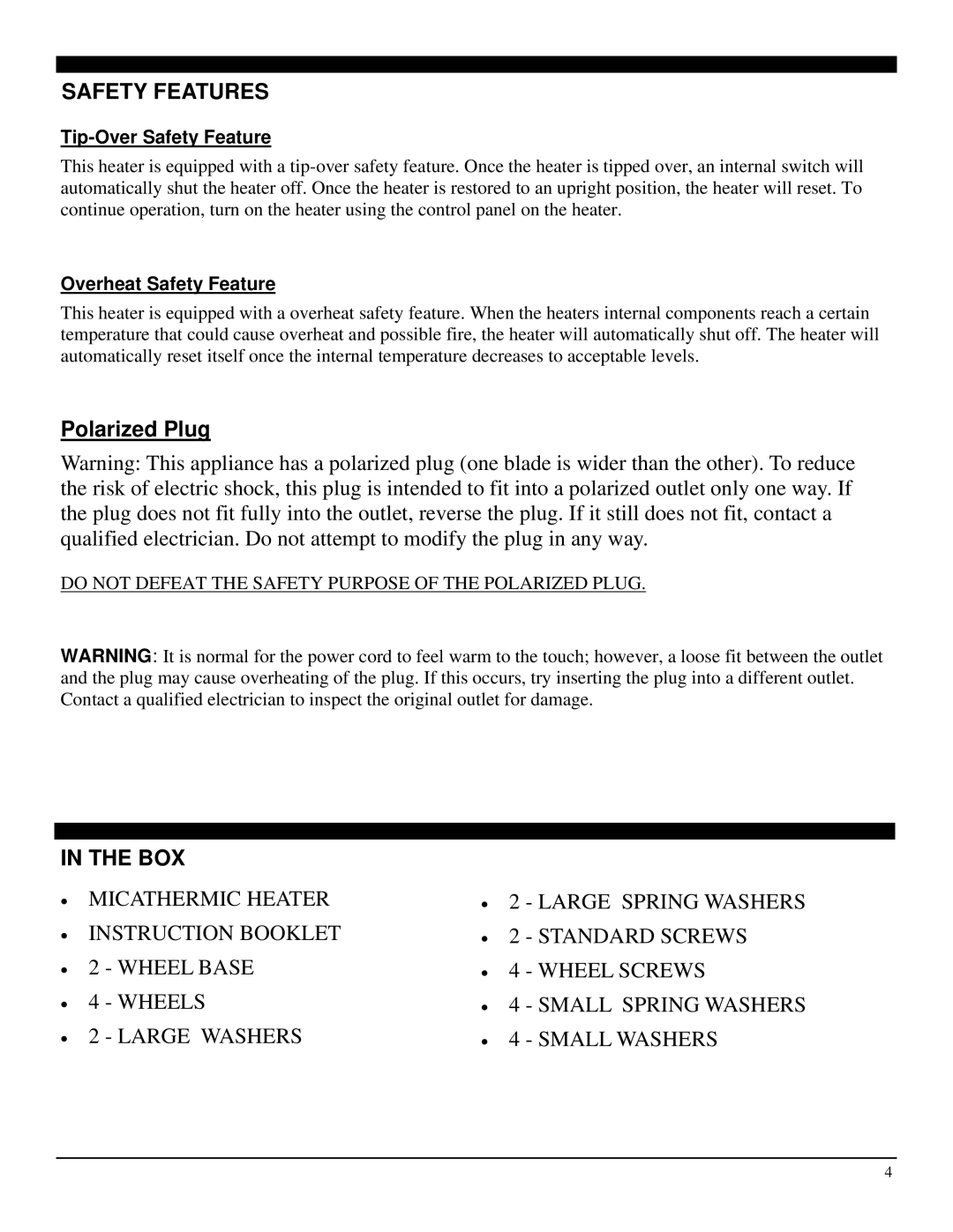 Soleus Air HM2-15-32 manual Safety Features, Box 