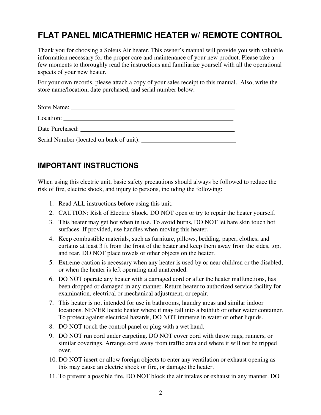 Soleus Air HM2-15R-32 owner manual Flat Panel Micathermic Heater w/ Remote Control, Important Instructions 
