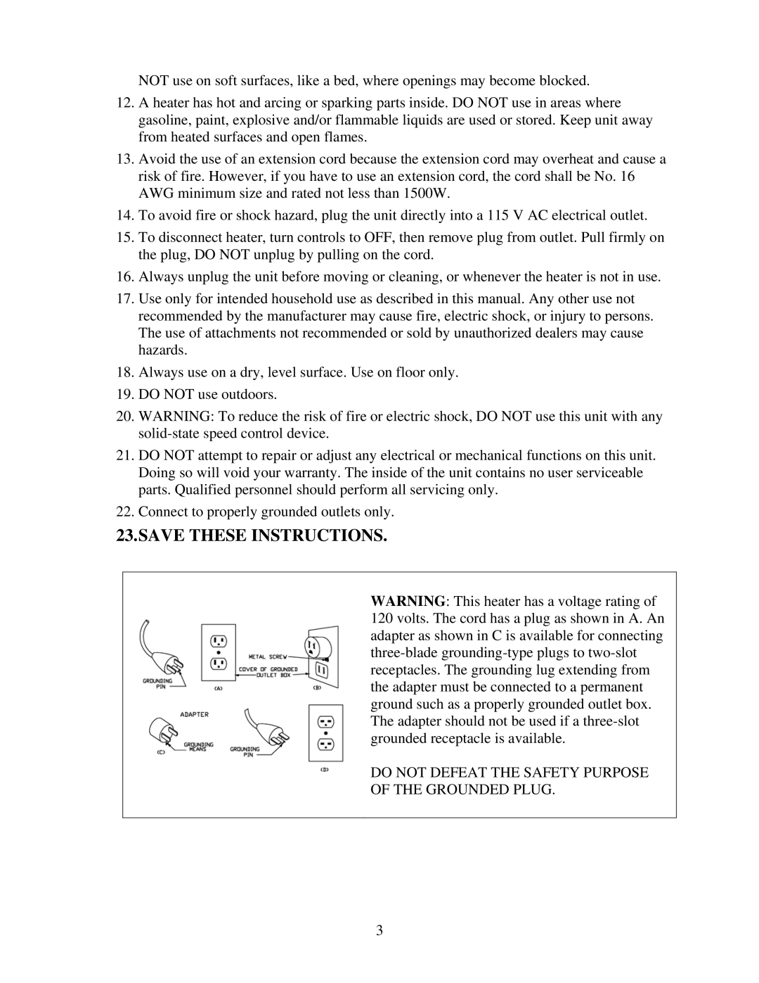 Soleus Air HM2-15R-32 owner manual Do not Defeat the Safety Purpose Grounded Plug 