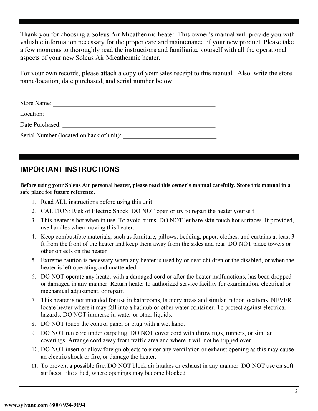 Soleus Air HM4-15E-01 manual Important Instructions 