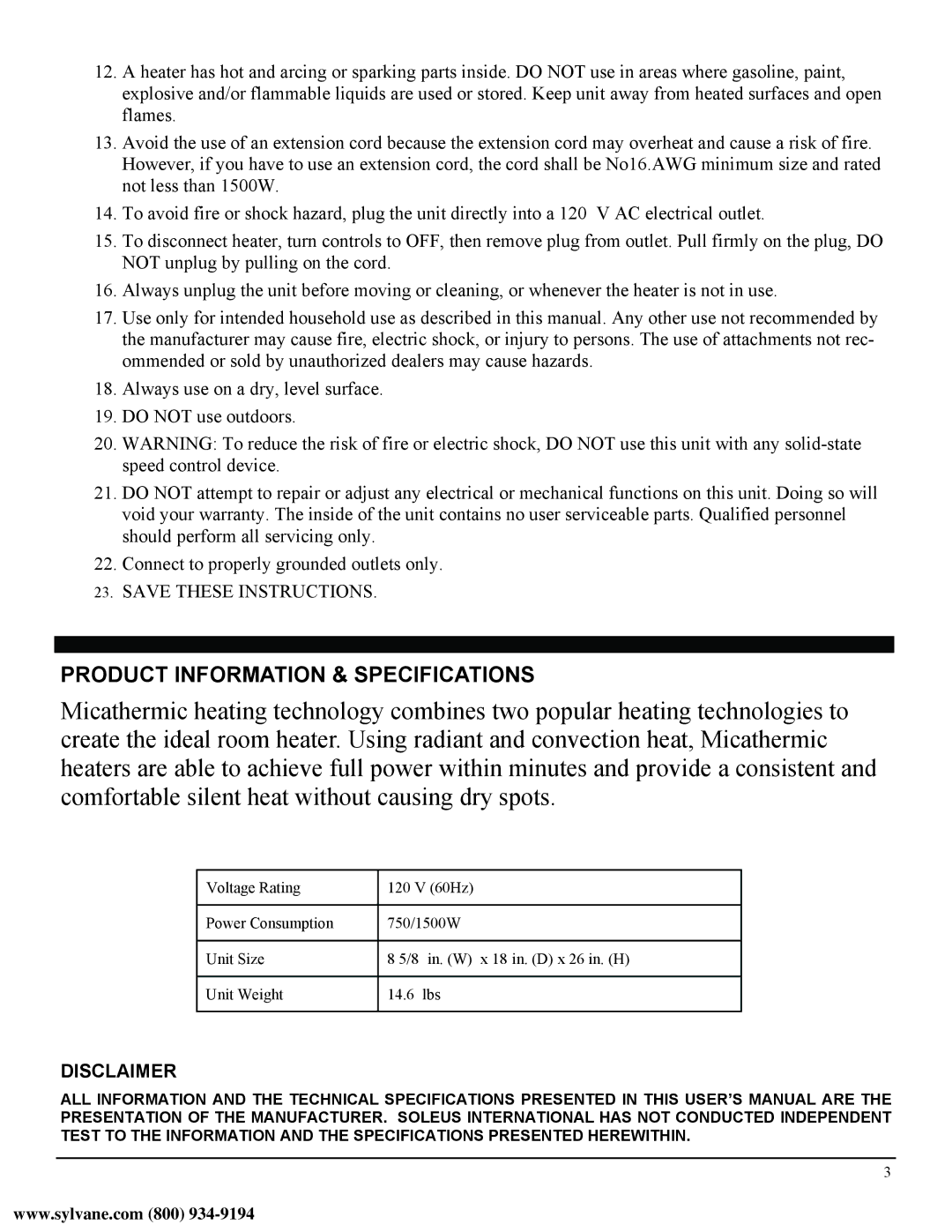 Soleus Air HM4-15E-01 manual Product Information & Specifications, Disclaimer 