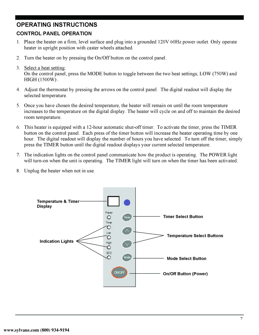 Soleus Air HM4-15E-01 manual Operating Instructions, Control Panel Operation 