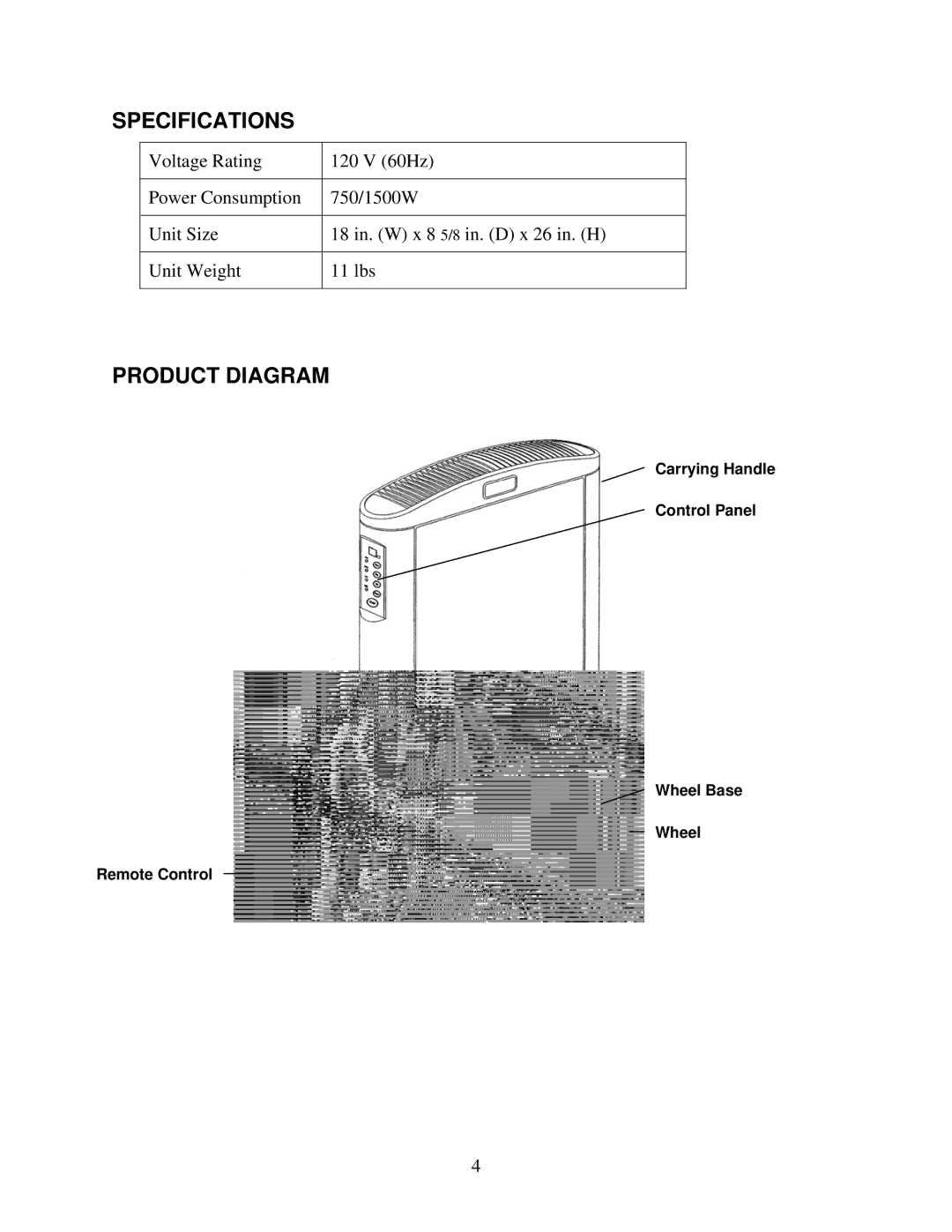 Soleus Air HM4-15R-01 owner manual Specifications, Product Diagram 