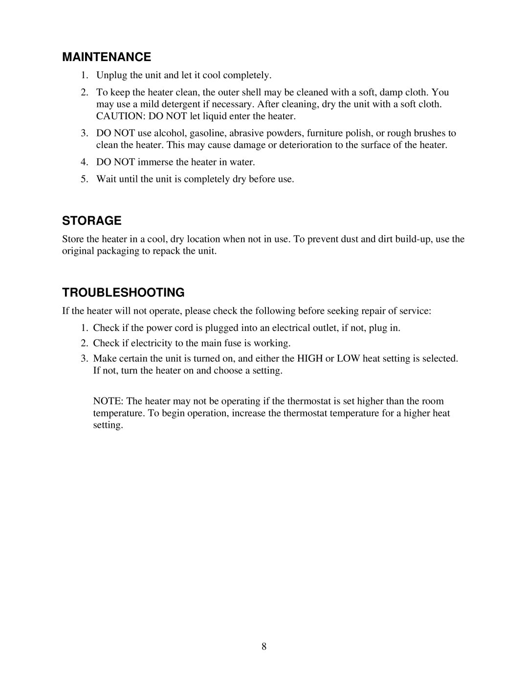 Soleus Air HM4-15R-01 owner manual Maintenance, Storage, Troubleshooting 