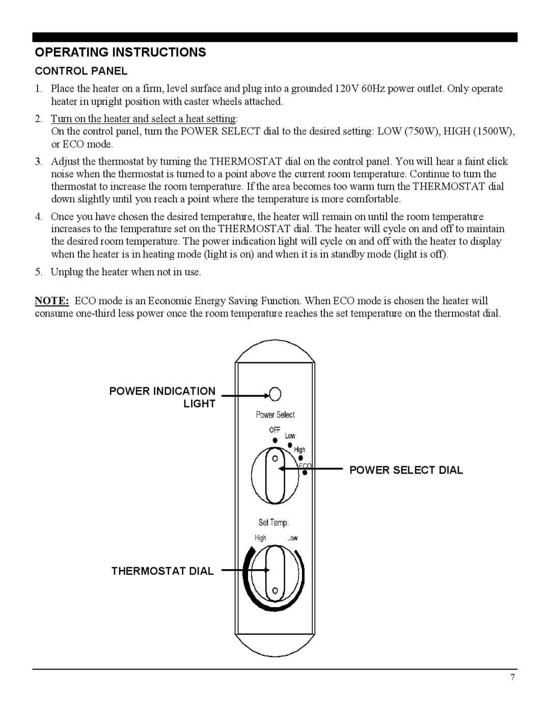 Soleus Air HM5-15A-32 Operating Instructions, Control Panel, Power Indication Light Power Select Dial Thermostat Dial 