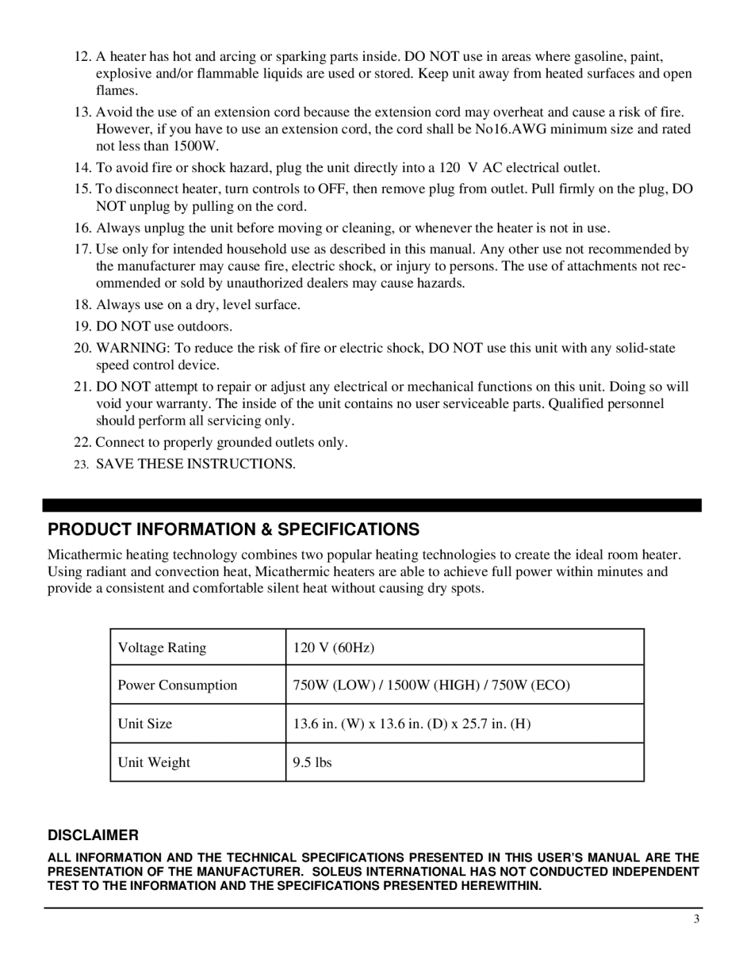 Soleus Air HM5-15R-32 manual Product Information & Specifications, Disclaimer 