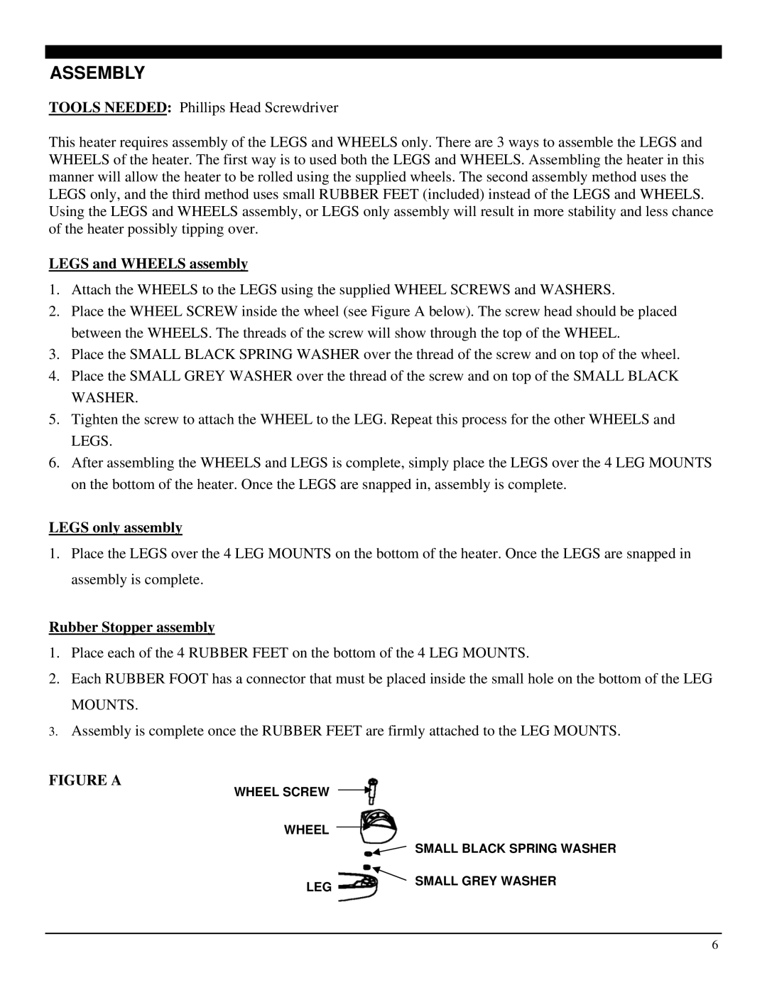 Soleus Air HM5-15R-32 manual Assembly, Legs and Wheels assembly 