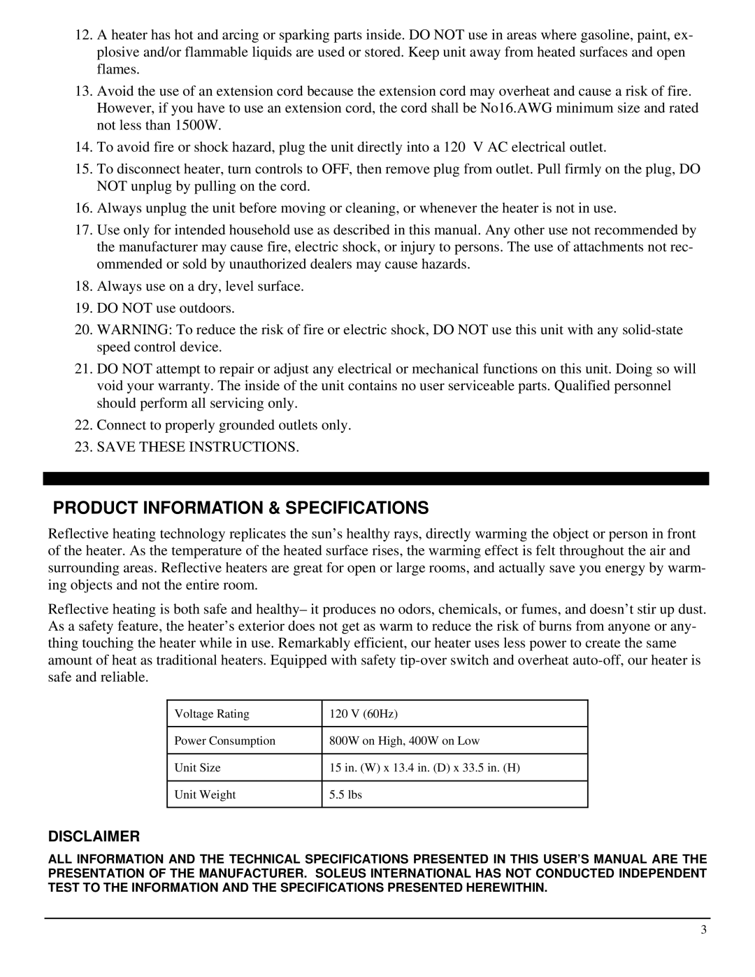 Soleus Air HR1-08R-21 operating instructions Product Information & Specifications, Disclaimer 