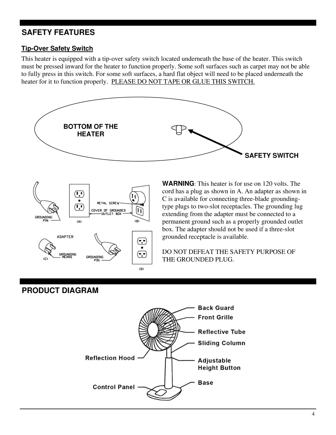 Soleus Air HR1-08R-21 operating instructions Safety Features, Product Diagram 