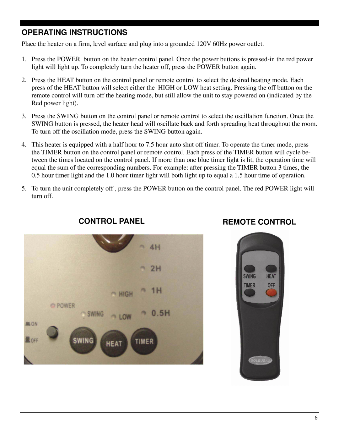 Soleus Air HR1-08R-21 operating instructions Operating Instructions, Control Panel Remote Control 