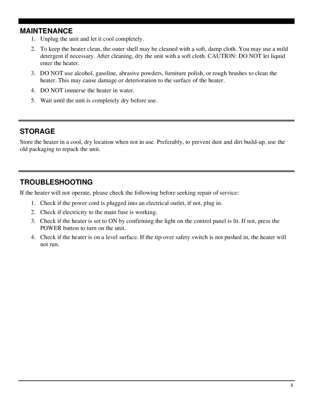 Soleus Air HR1-08R-21 operating instructions Maintenance, Storage, Troubleshooting 