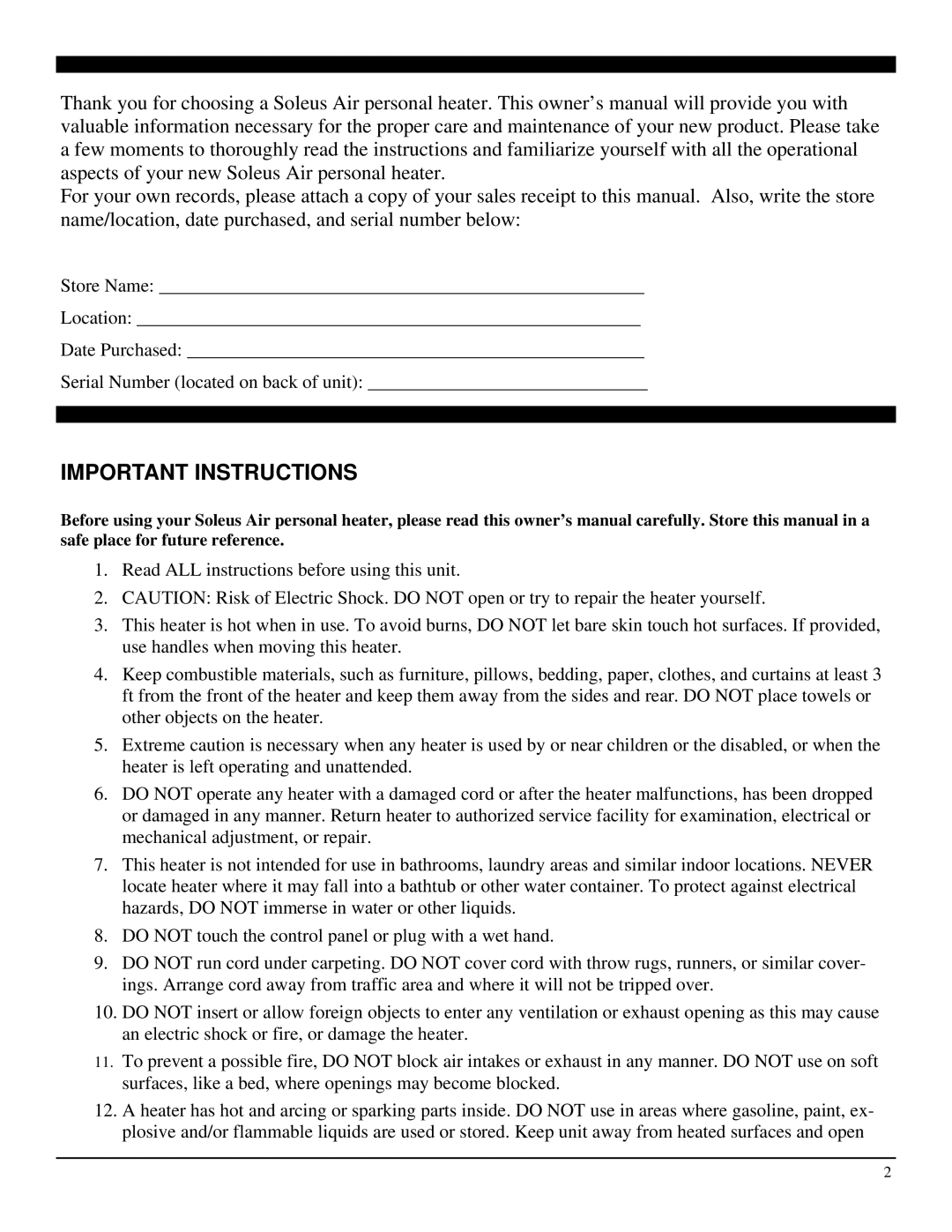 Soleus Air HR1-08R-21 operating instructions Important Instructions 