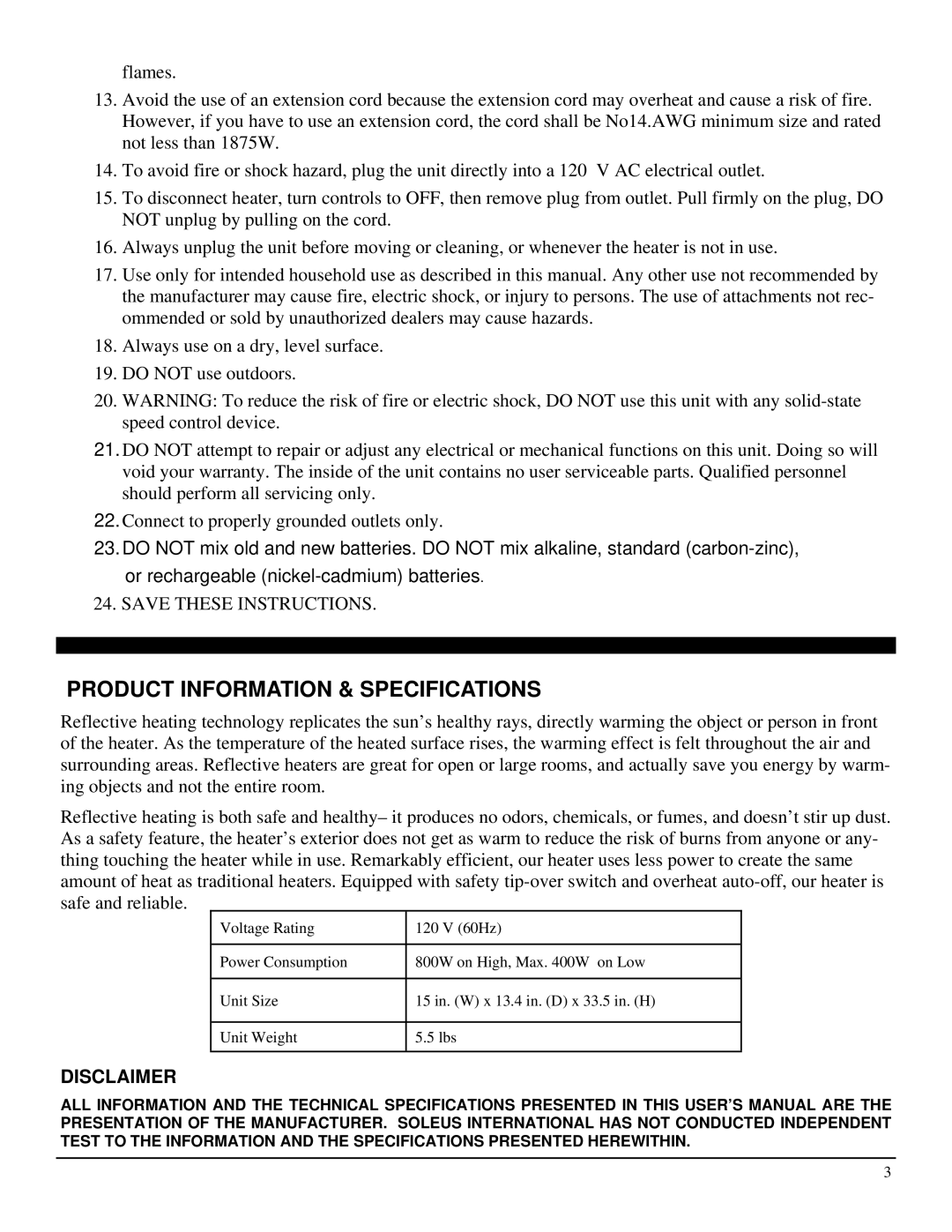 Soleus Air HR1-08R-21 operating instructions Product Information & Specifications, Disclaimer 