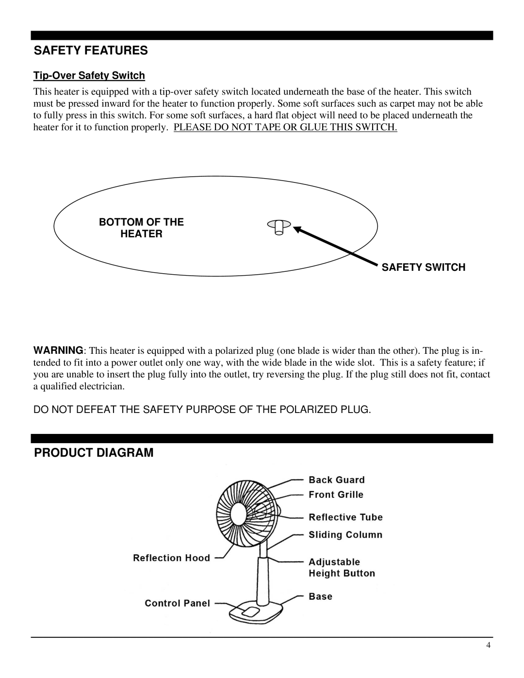 Soleus Air HR1-08R-21 operating instructions Safety Features, Product Diagram 