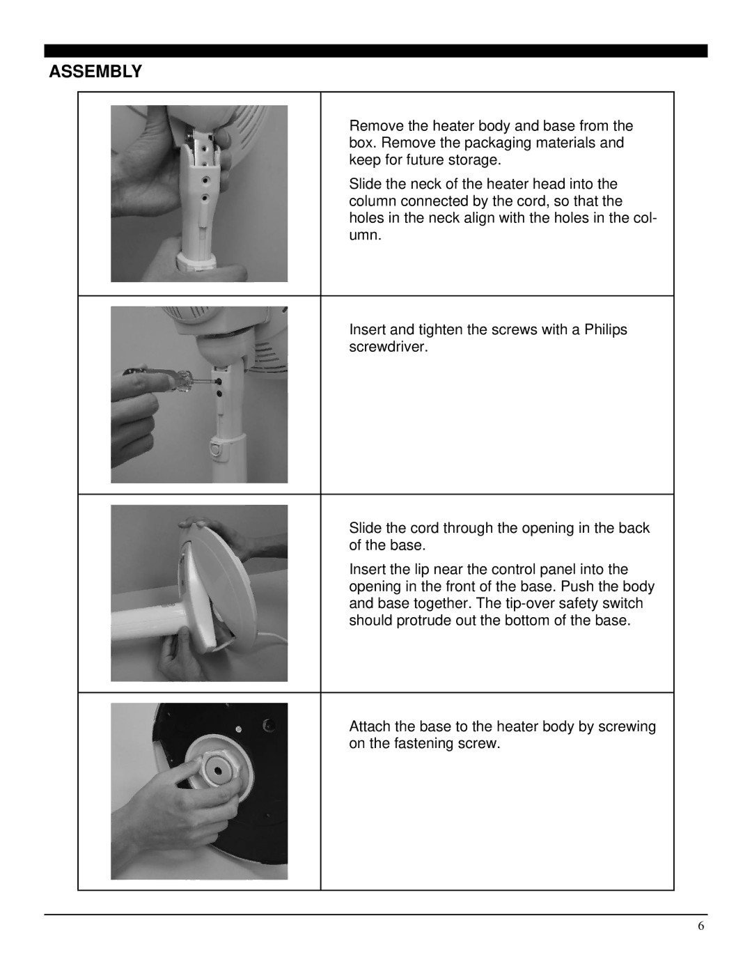 Soleus Air HR1-08R-21 operating instructions Assembly 