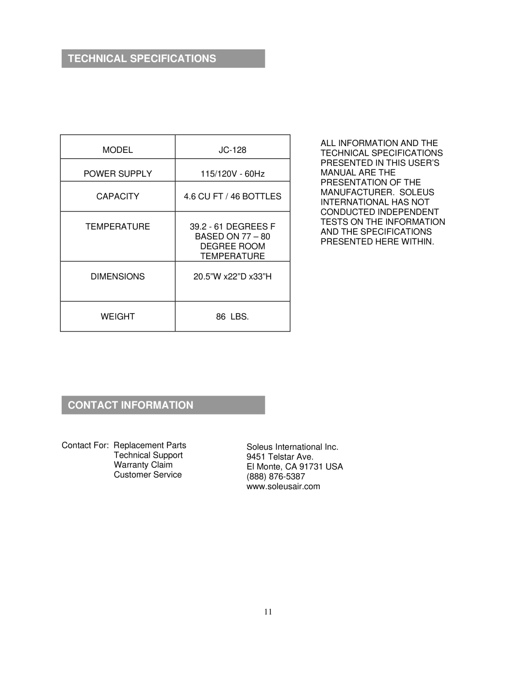 Soleus Air JC-128 owner manual Technical Specifications, Contact Information 