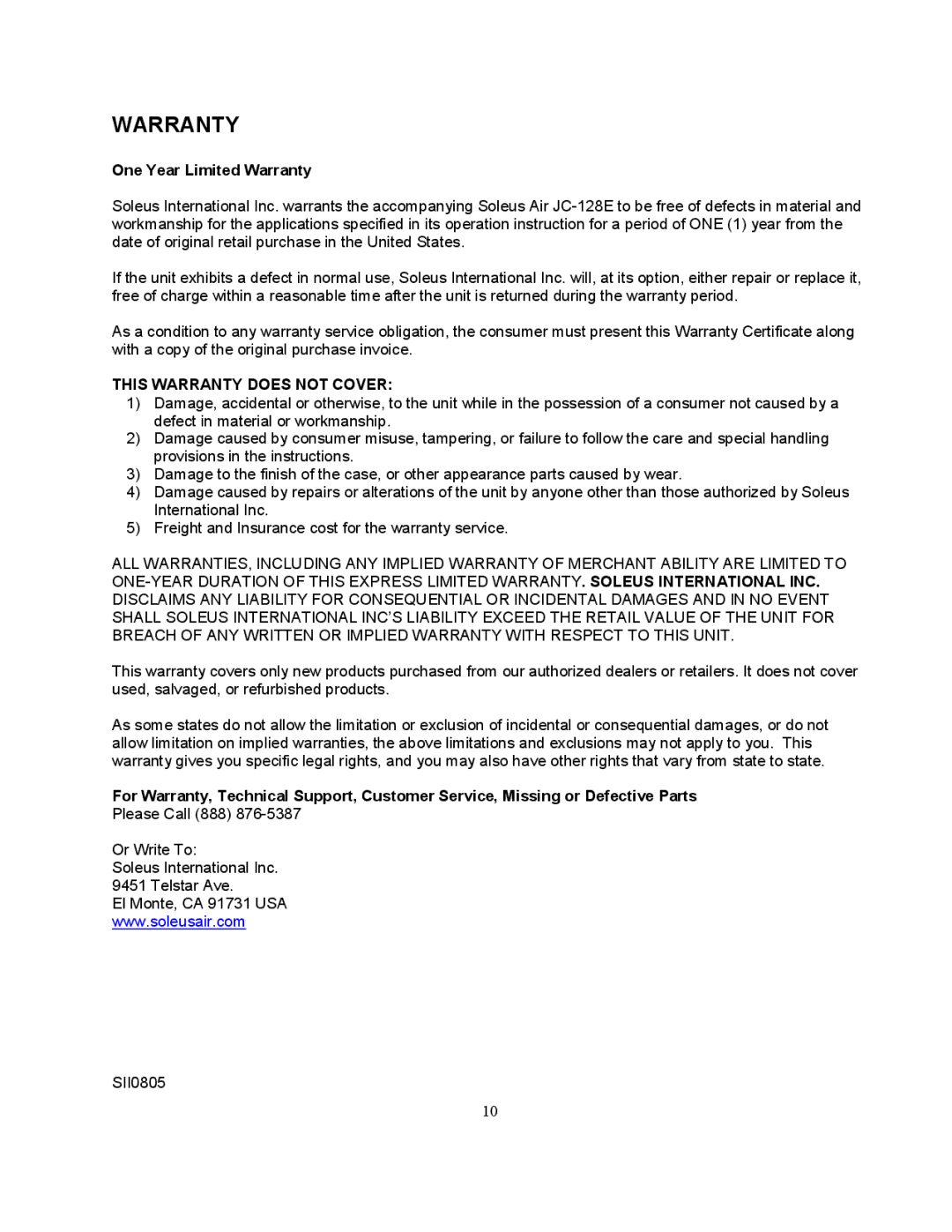 Soleus Air JC-128E owner manual Warranty 