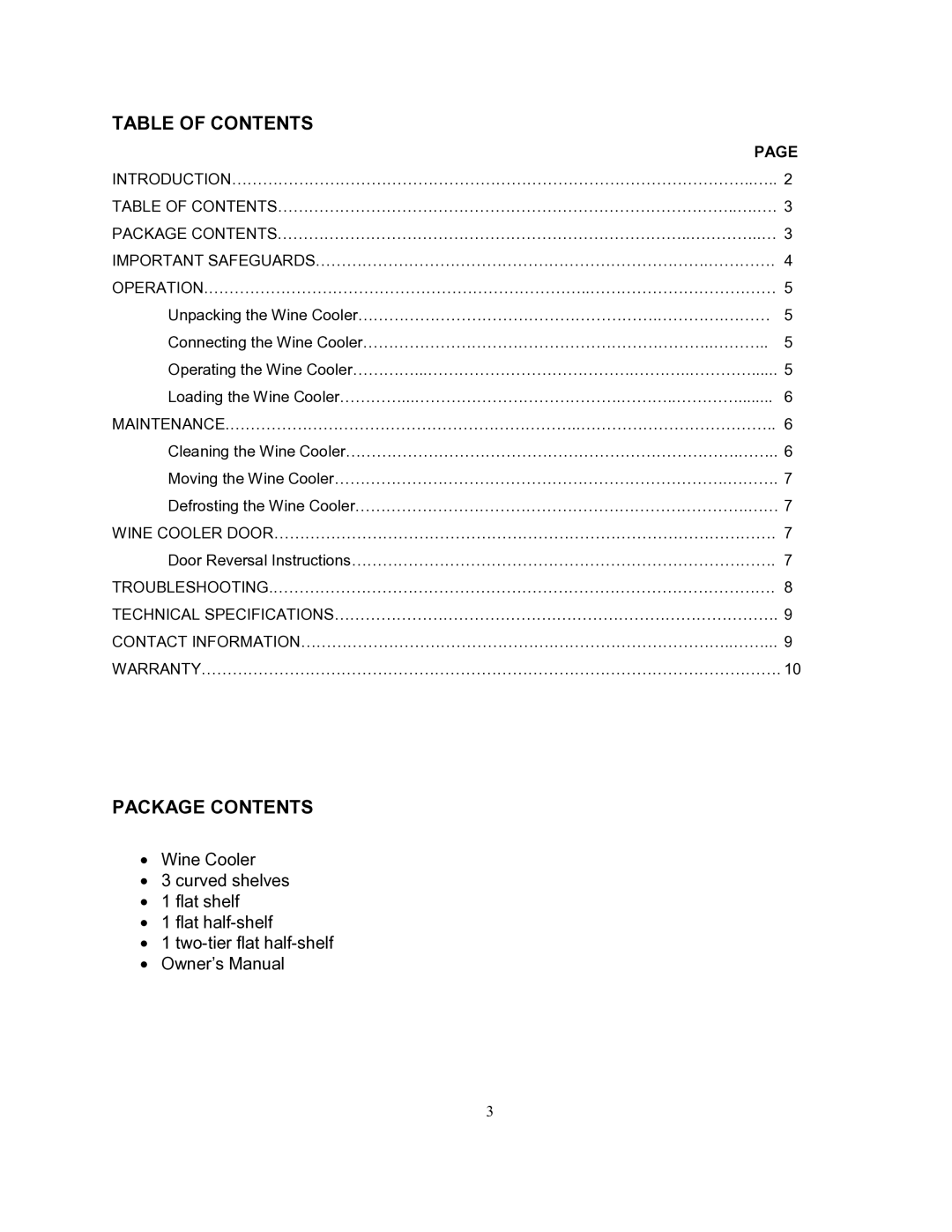 Soleus Air JC-128E owner manual Table of Contents, Package Contents 