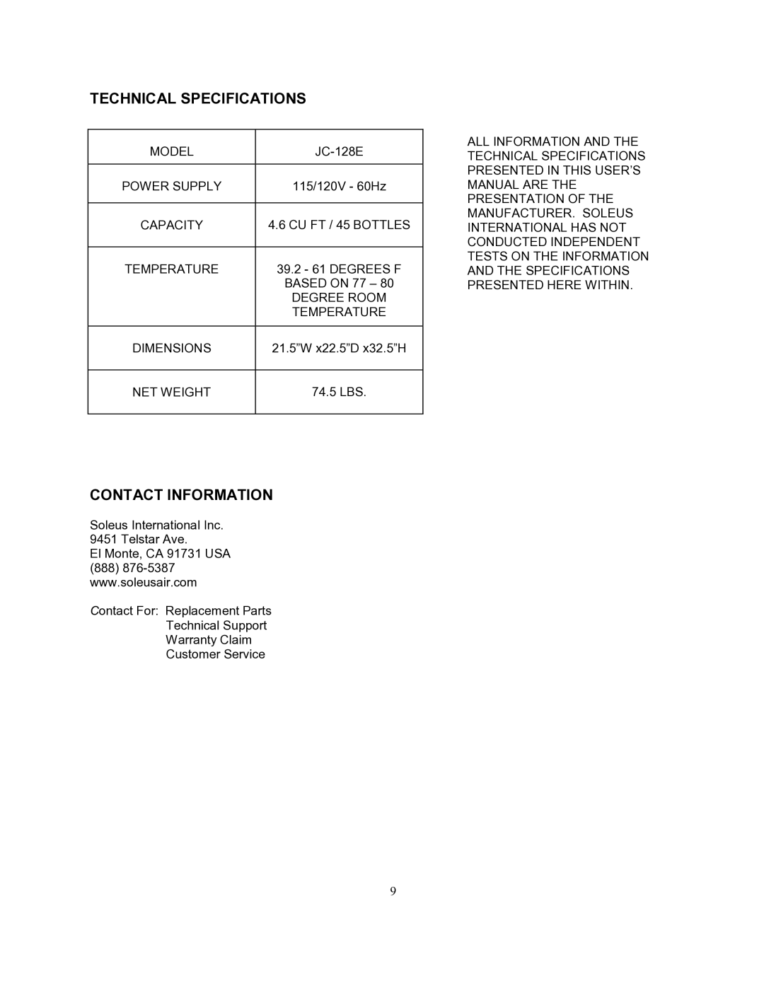 Soleus Air JC-128E owner manual Technical Specifications, Contact Information 