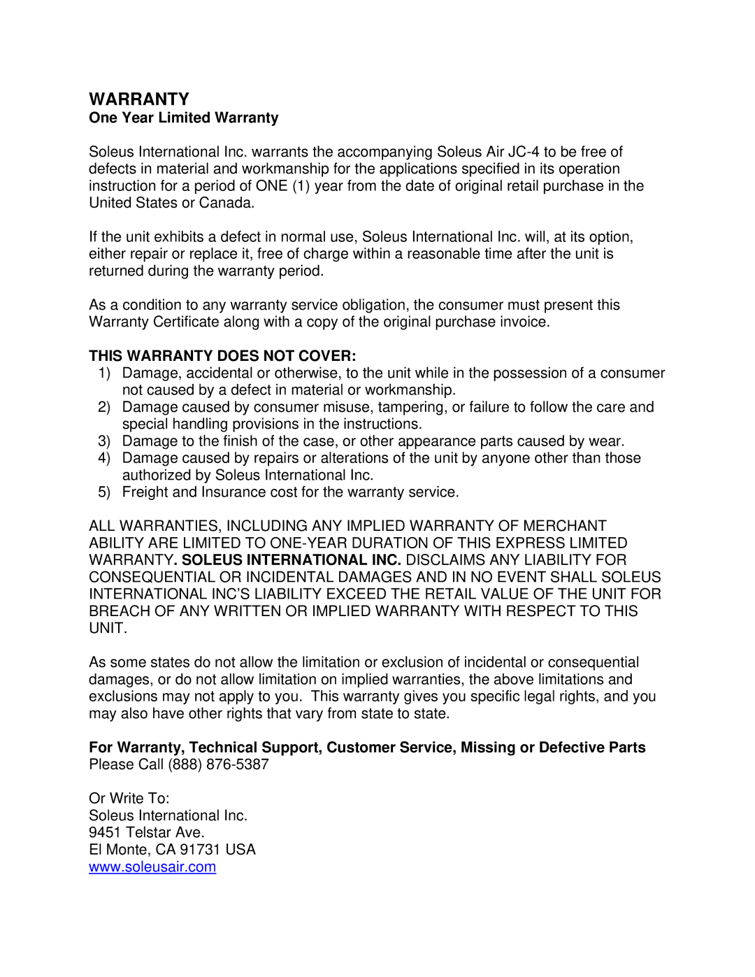 Soleus Air JC-4 owner manual Warranty 