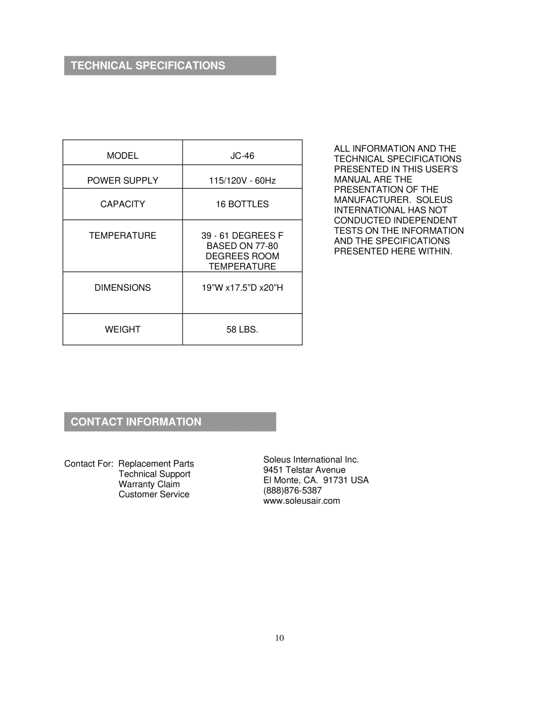 Soleus Air JC-46 owner manual Technical Specifications, Contact Information 