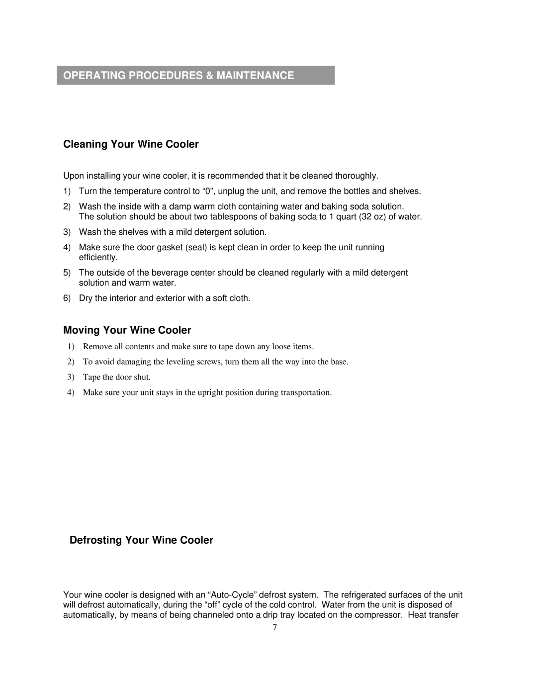 Soleus Air JC-46 owner manual Operating Procedures & Maintenance, Cleaning Your Wine Cooler 