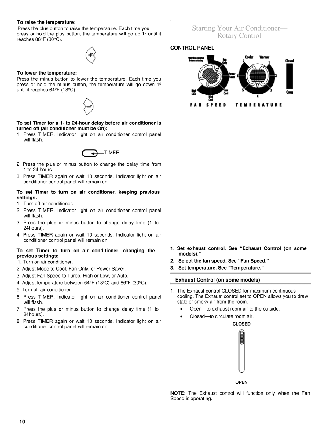 Soleus Air KC-25U Starting Your Air Conditioner Rotary Control, Exhaust Control on some models, To raise the temperature 